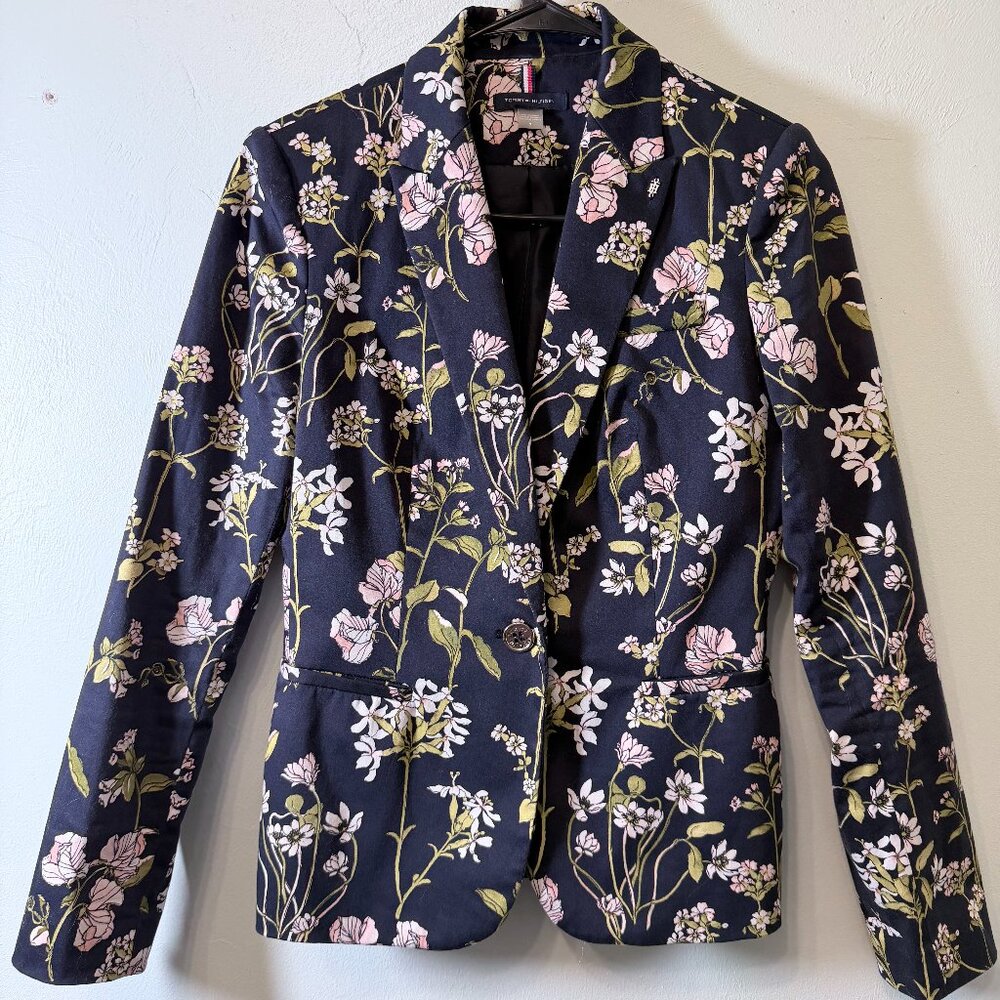 Tommy Hilfiger Size 2 Blazer Navy Floral Print Cotton Stretch